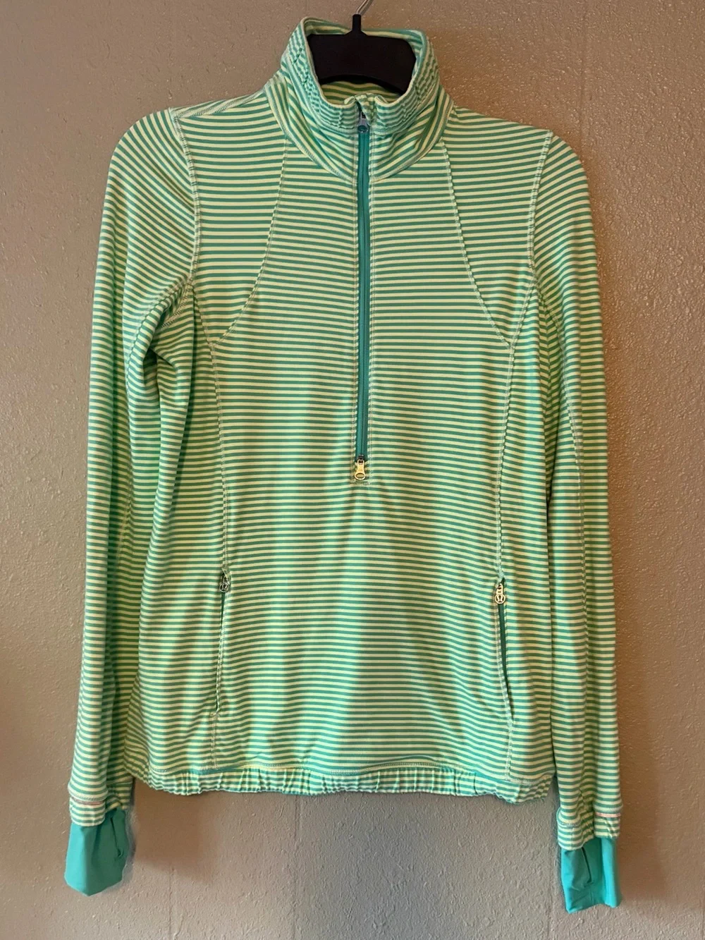 Lululemon Athletica Striped Runner Half-Zip Pullover Kangaroo Pocket Lime & Teal